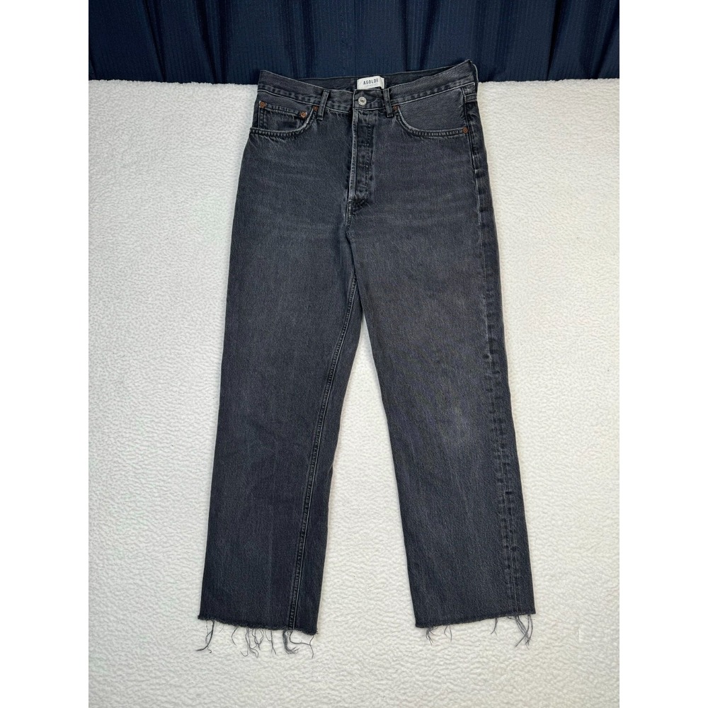 AGOLDE Jeans Womens 28 Fits 31x28 Black Dark Wash Straight Frayed Hem Button Fly